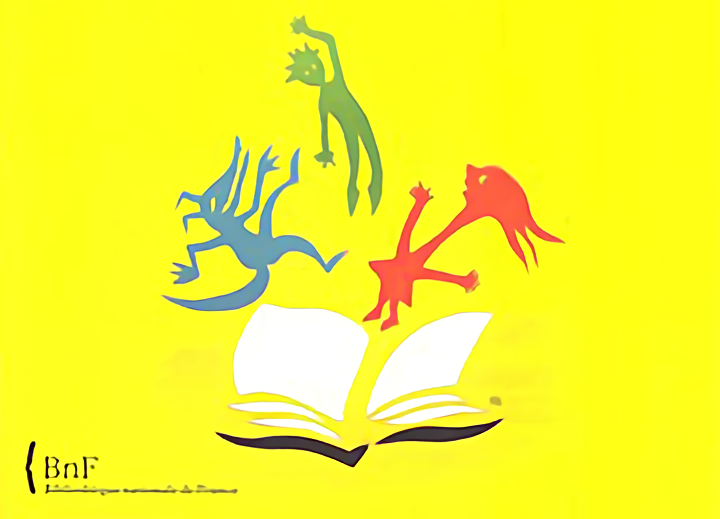 affiche jaune où des personnages colorés sortent d'un livre
